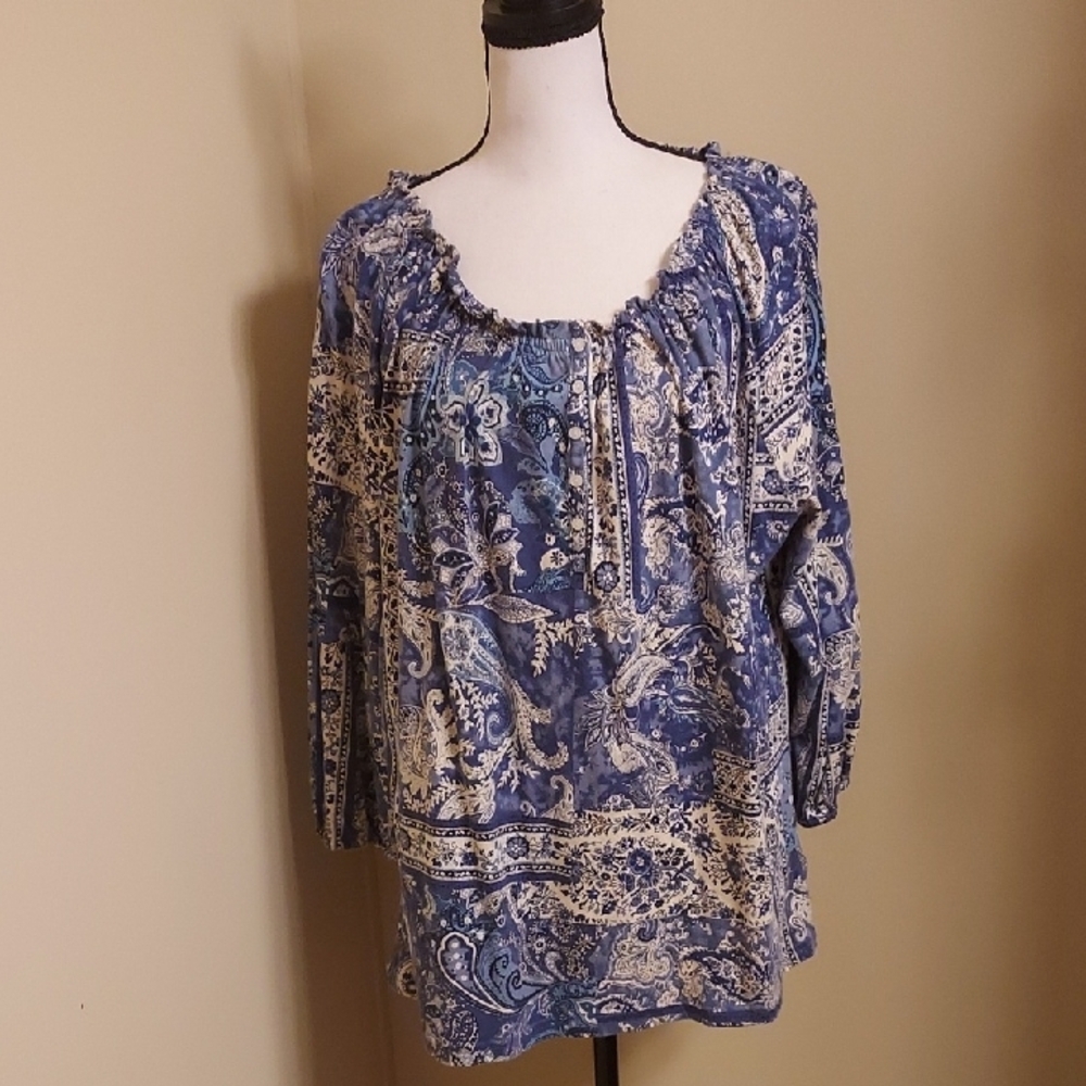 Chaps Blue Ruffled Blouse with 3/4 Sleeves